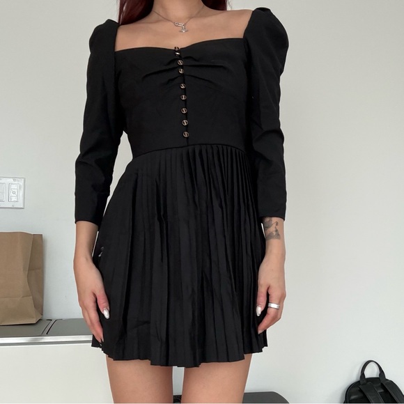 The Kooples Dresses & Skirts - The Kooples Black Square-Neck Pleated Mini Dress with Button Front